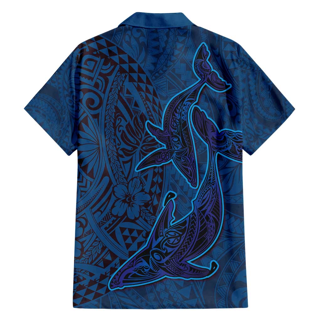 Hawaiian Whales Polynesian Art Motifs Family Matching Off Shoulder Short Dress and Hawaiian Shirt Blue Color - Polynesian Pride