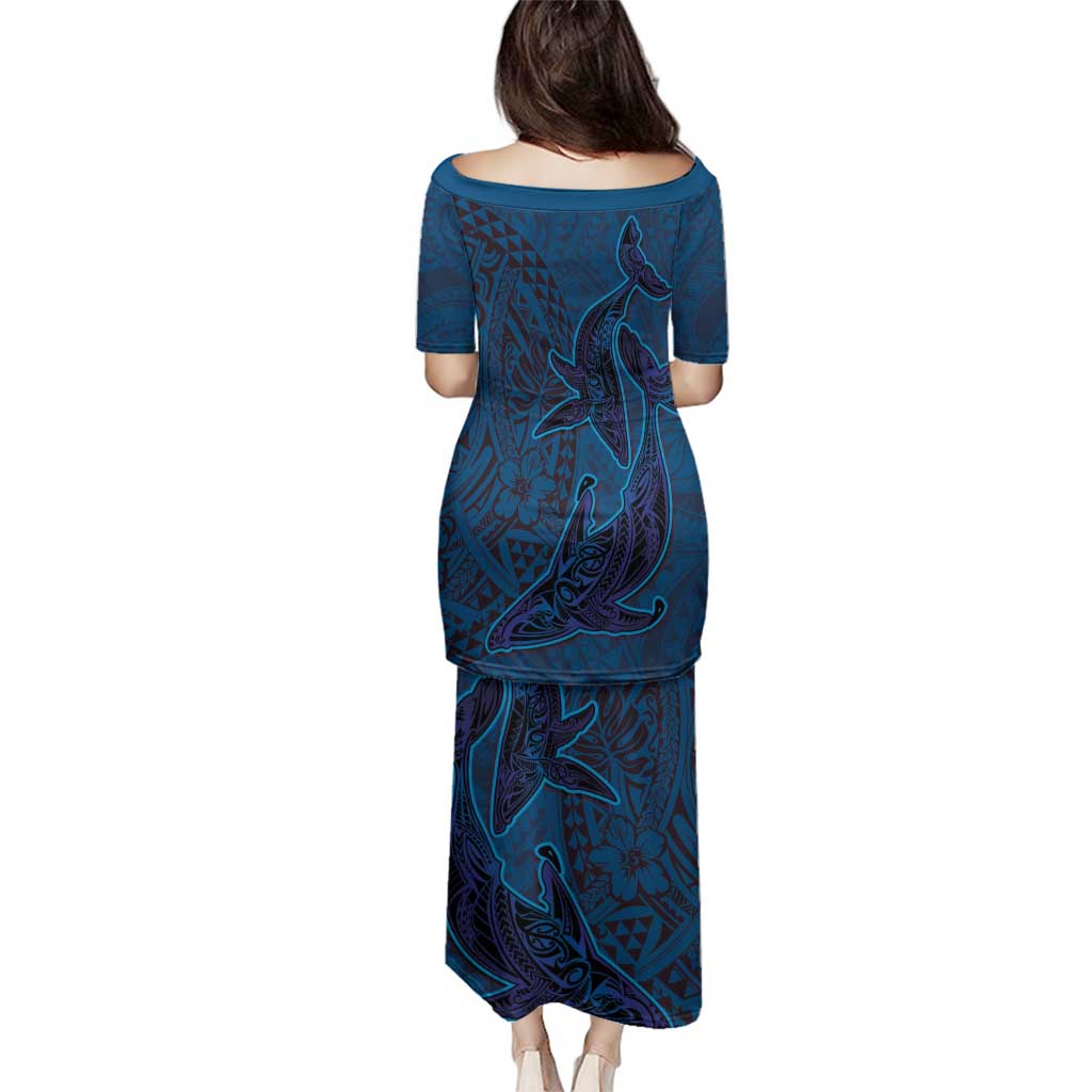 Hawaiian Whales Polynesian Art Motifs Family Matching Puletasi and Hawaiian Shirt Blue Color - Polynesian Pride