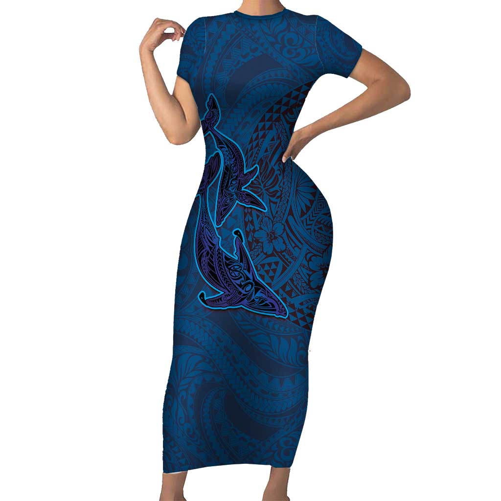 Hawaiian Whales Polynesian Art Motifs Family Matching Short Sleeve Bodycon Dress and Hawaiian Shirt Blue Color - Polynesian Pride
