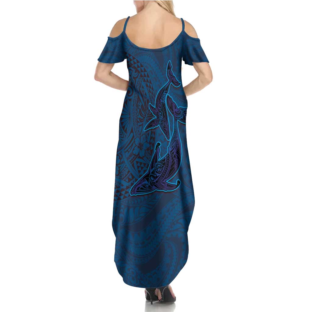 Hawaiian Whales Polynesian Art Motifs Family Matching Summer Maxi Dress and Hawaiian Shirt Blue Color - Polynesian Pride