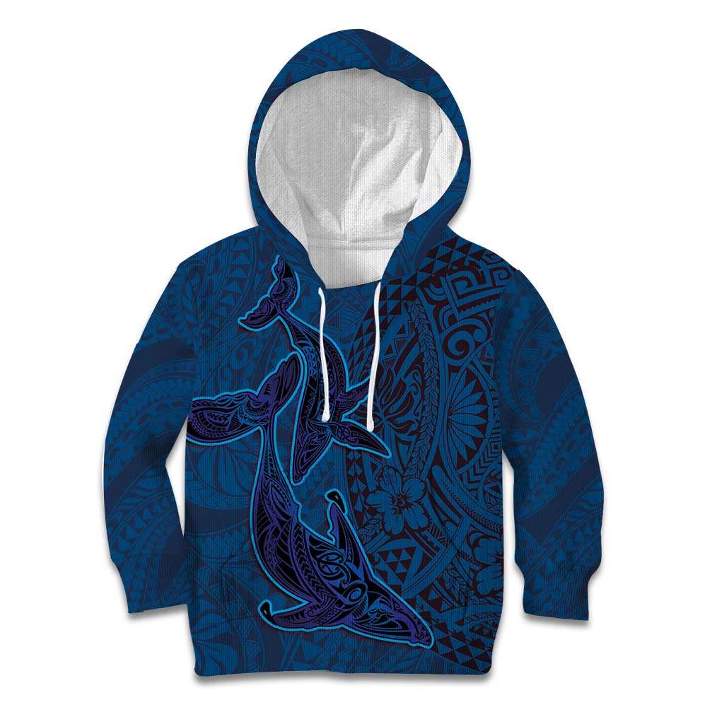 Hawaiian Whales Polynesian Art Motifs Kid Hoodie Blue Color - Polynesian Pride