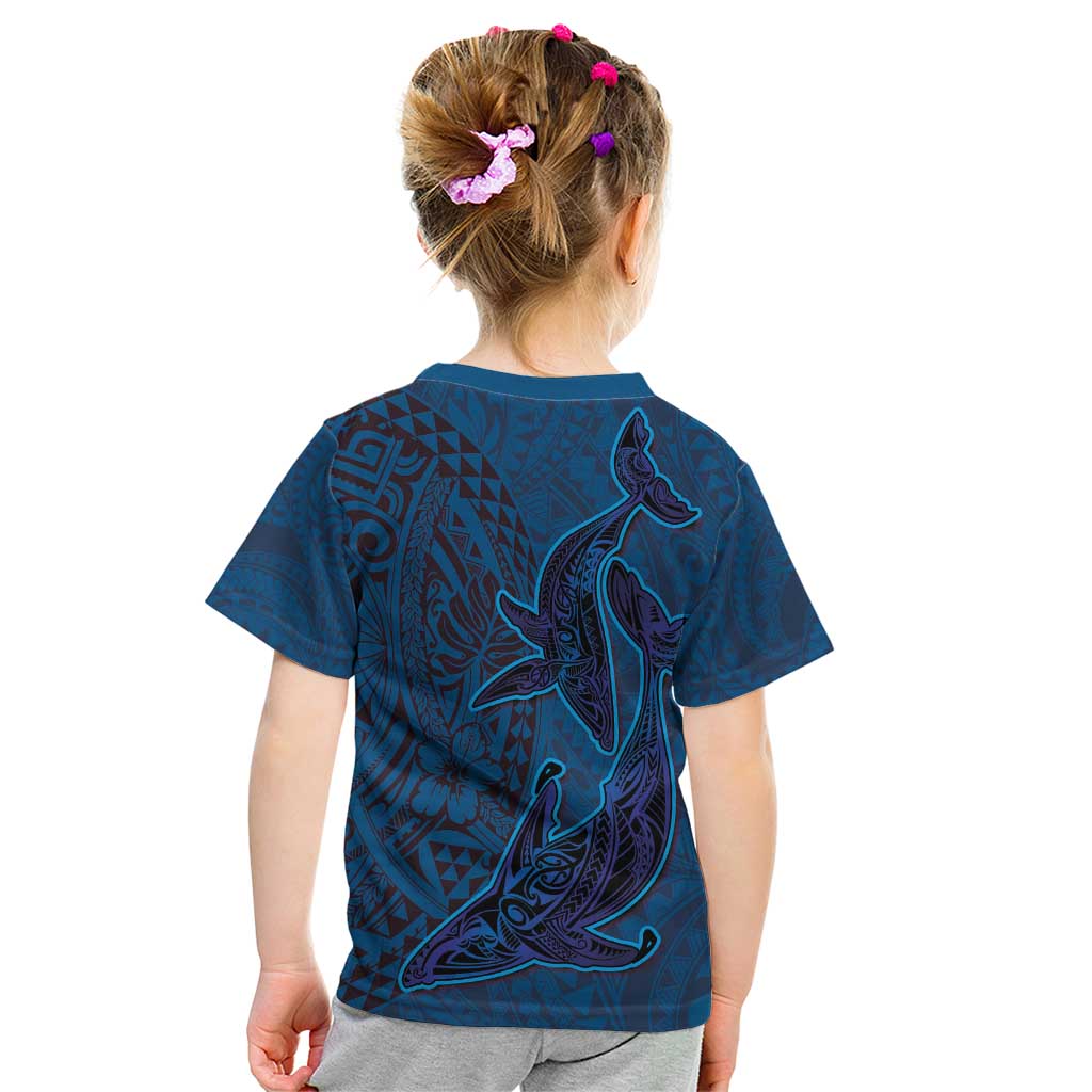Hawaiian Whales Polynesian Art Motifs Kid T Shirt Blue Color - Polynesian Pride