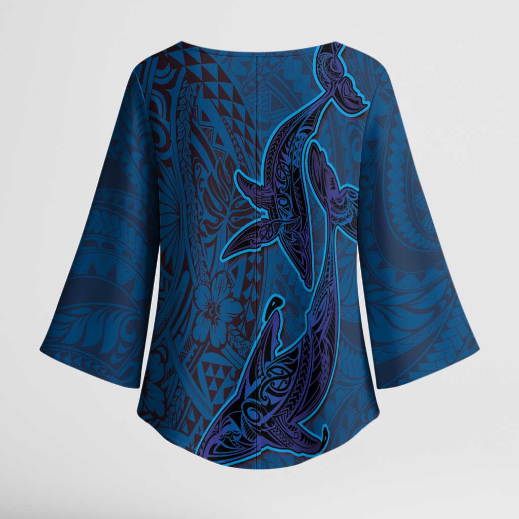 Hawaiian Whales Polynesian Art Motifs Kimono Sleeve Blouse Blue Color LT03 - Polynesian Pride