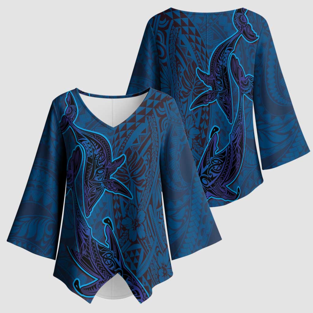Hawaiian Whales Polynesian Art Motifs Kimono Sleeve Blouse Blue Color LT03 - Polynesian Pride