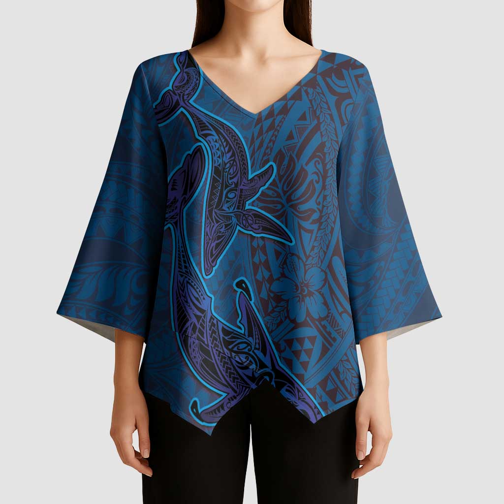 Hawaiian Whales Polynesian Art Motifs Kimono Sleeve Blouse Blue Color LT03 - Polynesian Pride