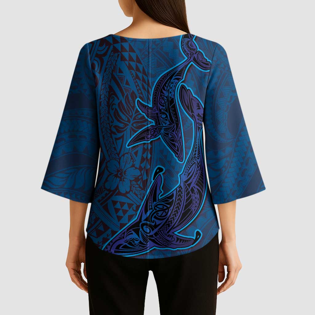 Hawaiian Whales Polynesian Art Motifs Kimono Sleeve Blouse Blue Color LT03 - Polynesian Pride