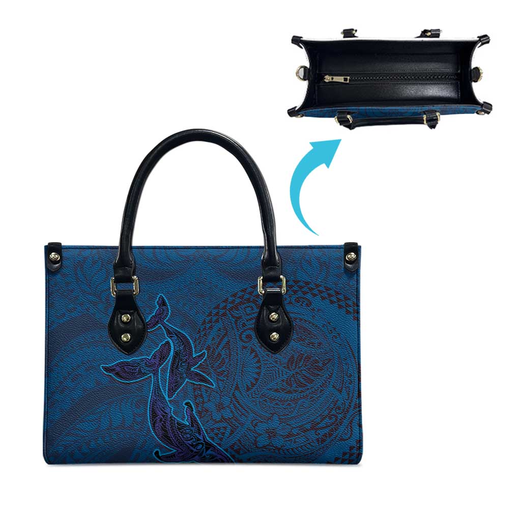 Hawaiian Whales Polynesian Art Motifs Leather Bag Blue Color - Polynesian Pride