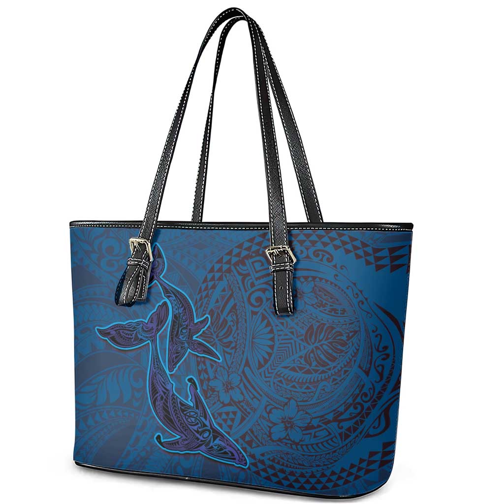 Hawaiian Whales Polynesian Art Motifs Leather Tote Bag Blue Color - Polynesian Pride