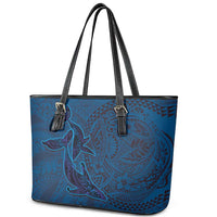 Hawaiian Whales Polynesian Art Motifs Leather Tote Bag Blue Color - Polynesian Pride