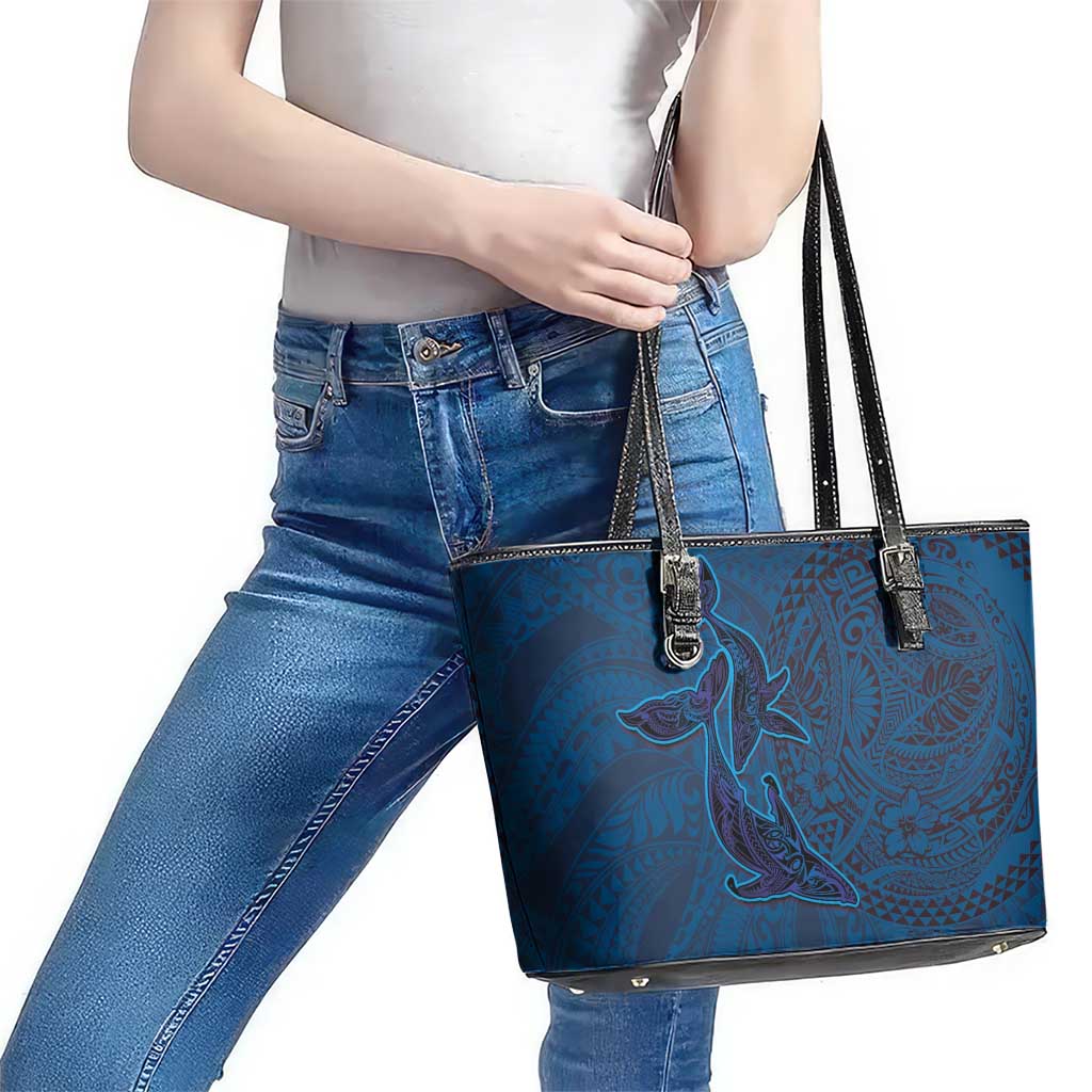 Hawaiian Whales Polynesian Art Motifs Leather Tote Bag Blue Color - Polynesian Pride