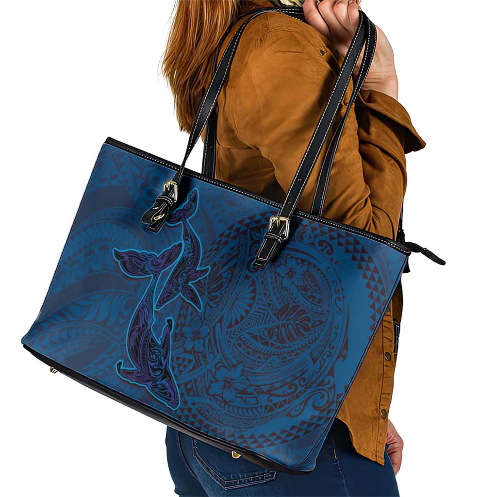 Hawaiian Whales Polynesian Art Motifs Leather Tote Bag Blue Color - Polynesian Pride