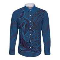 Hawaiian Whales Polynesian Art Motifs Long Sleeve Button Shirt Blue Color LT03 Unisex Blue - Polynesian Pride