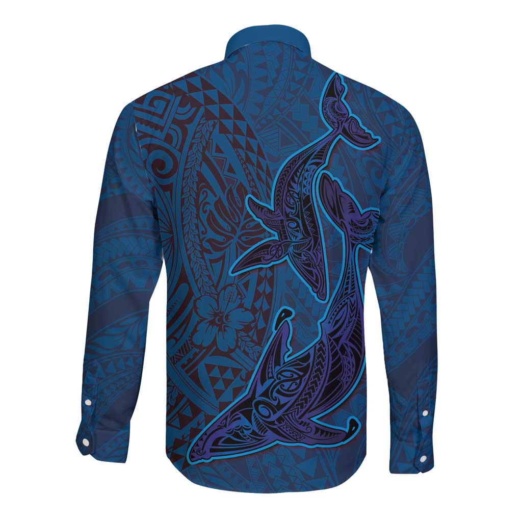Hawaiian Whales Polynesian Art Motifs Long Sleeve Button Shirt Blue Color LT03 - Polynesian Pride