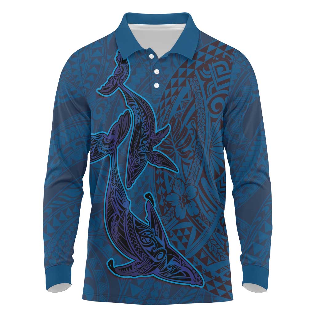 Hawaiian Whales Polynesian Art Motifs Long Sleeve Polo Shirt Blue Color LT03 Blue - Polynesian Pride