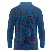 Hawaiian Whales Polynesian Art Motifs Long Sleeve Polo Shirt Blue Color LT03 - Polynesian Pride
