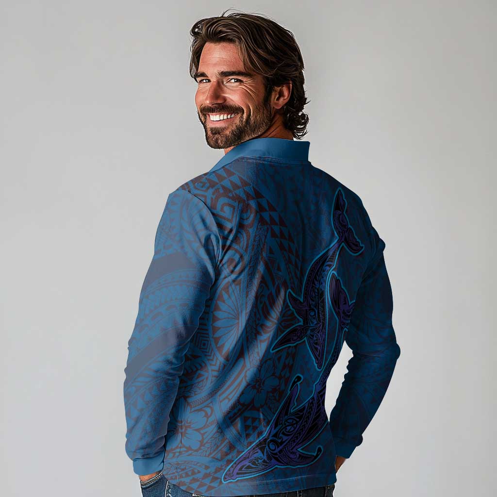 Hawaiian Whales Polynesian Art Motifs Long Sleeve Polo Shirt Blue Color LT03 - Polynesian Pride