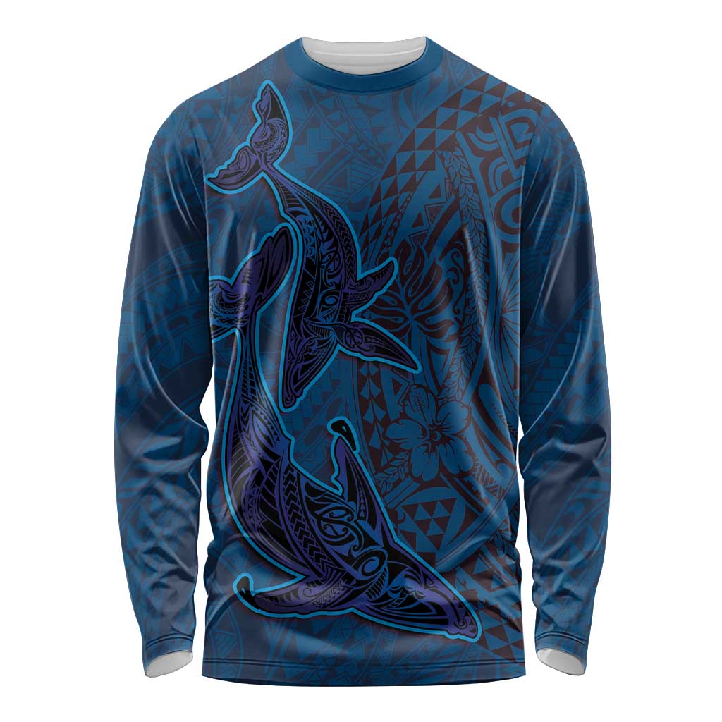 Hawaiian Whales Polynesian Art Motifs Long Sleeve Shirt Blue Color LT03 Unisex Blue - Polynesian Pride