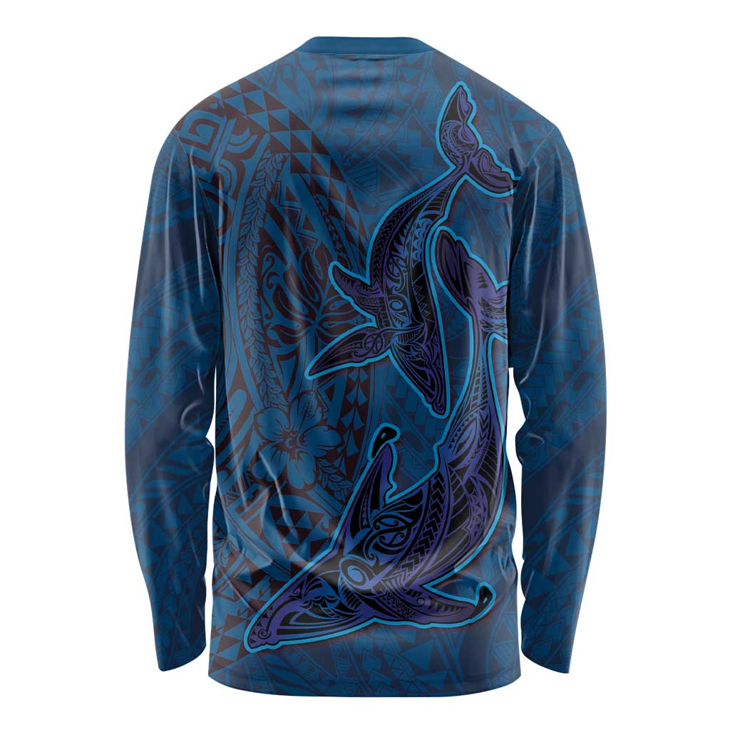 Hawaiian Whales Polynesian Art Motifs Long Sleeve Shirt Blue Color LT03 - Polynesian Pride