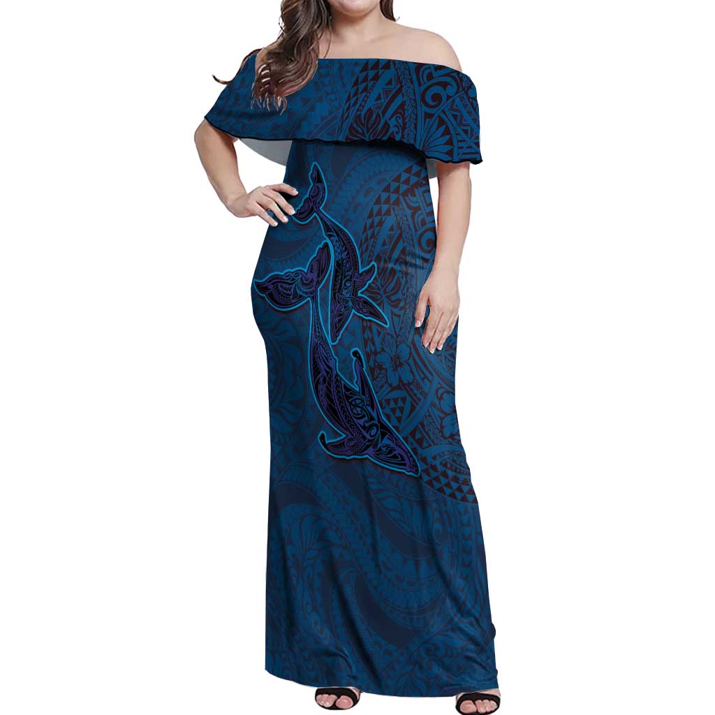 Hawaiian Whales Polynesian Art Motifs Off Shoulder Maxi Dress Blue Color - Polynesian Pride