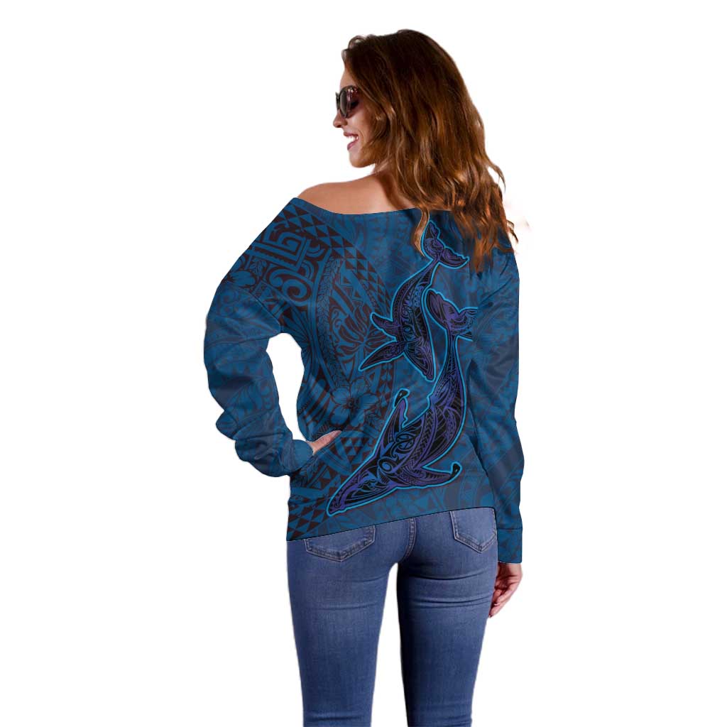 Hawaiian Whales Polynesian Art Motifs Off Shoulder Sweater Blue Color - Polynesian Pride