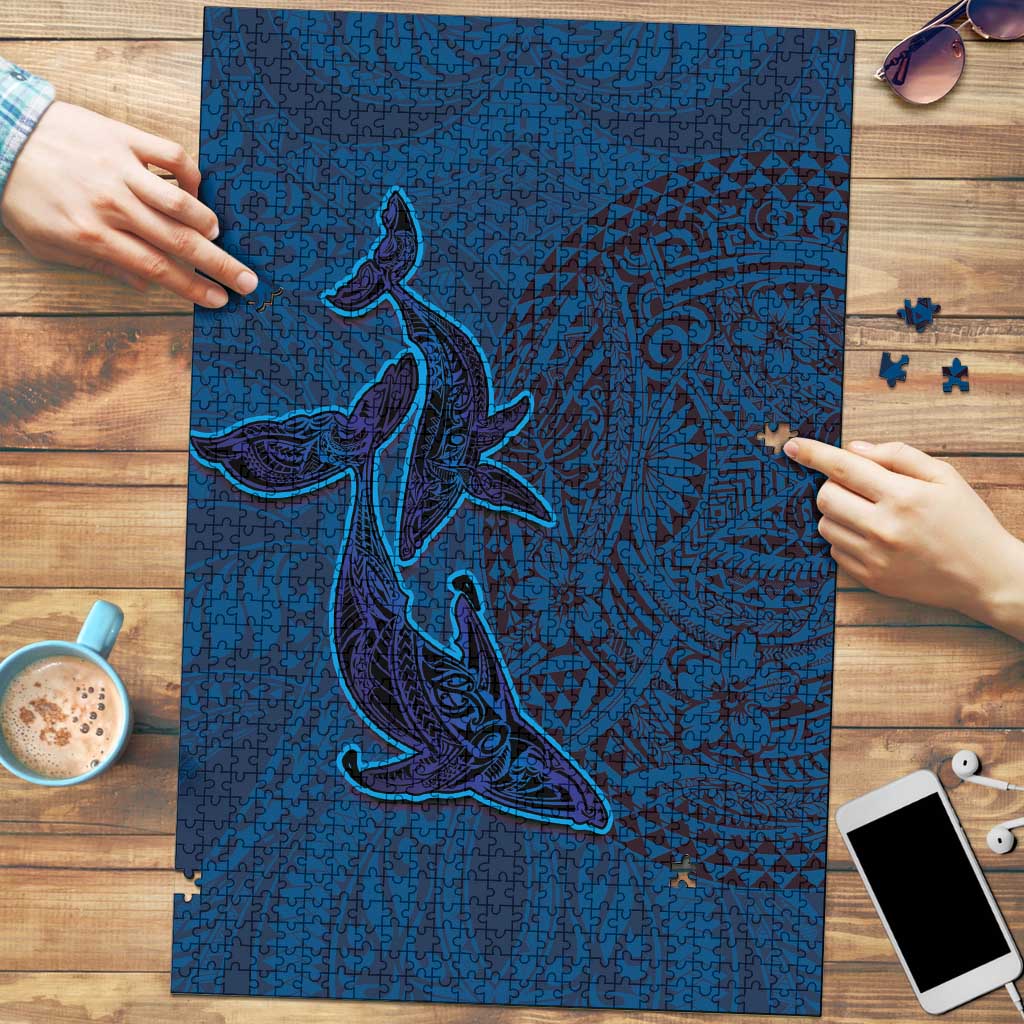 Hawaiian Whales Polynesian Art Motifs Puzzle Blue Color LT03 Blue - Polynesian Pride