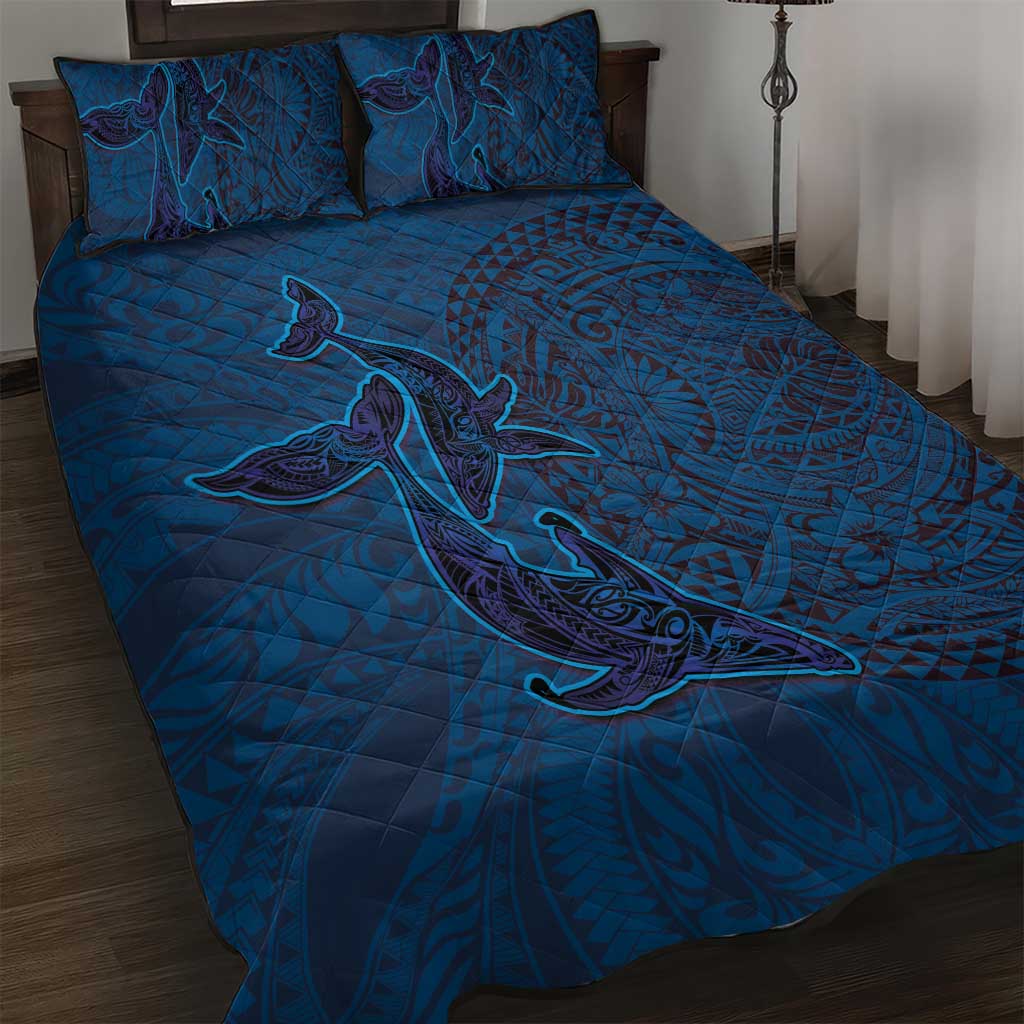 Hawaiian Whales Polynesian Art Motifs Quilt Bed Set Blue Color - Polynesian Pride