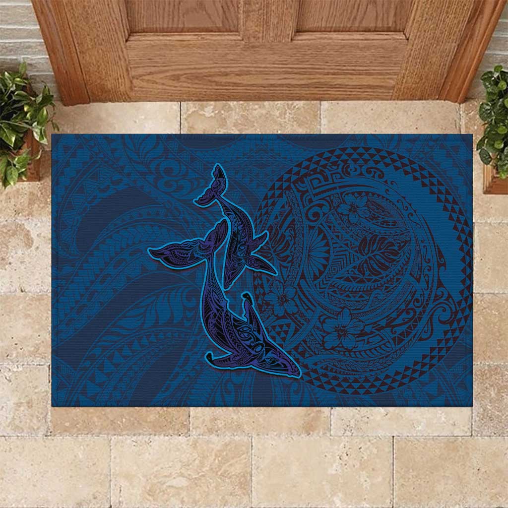 Hawaiian Whales Polynesian Art Motifs Rubber Doormat Blue Color LT03 Blue - Polynesian Pride