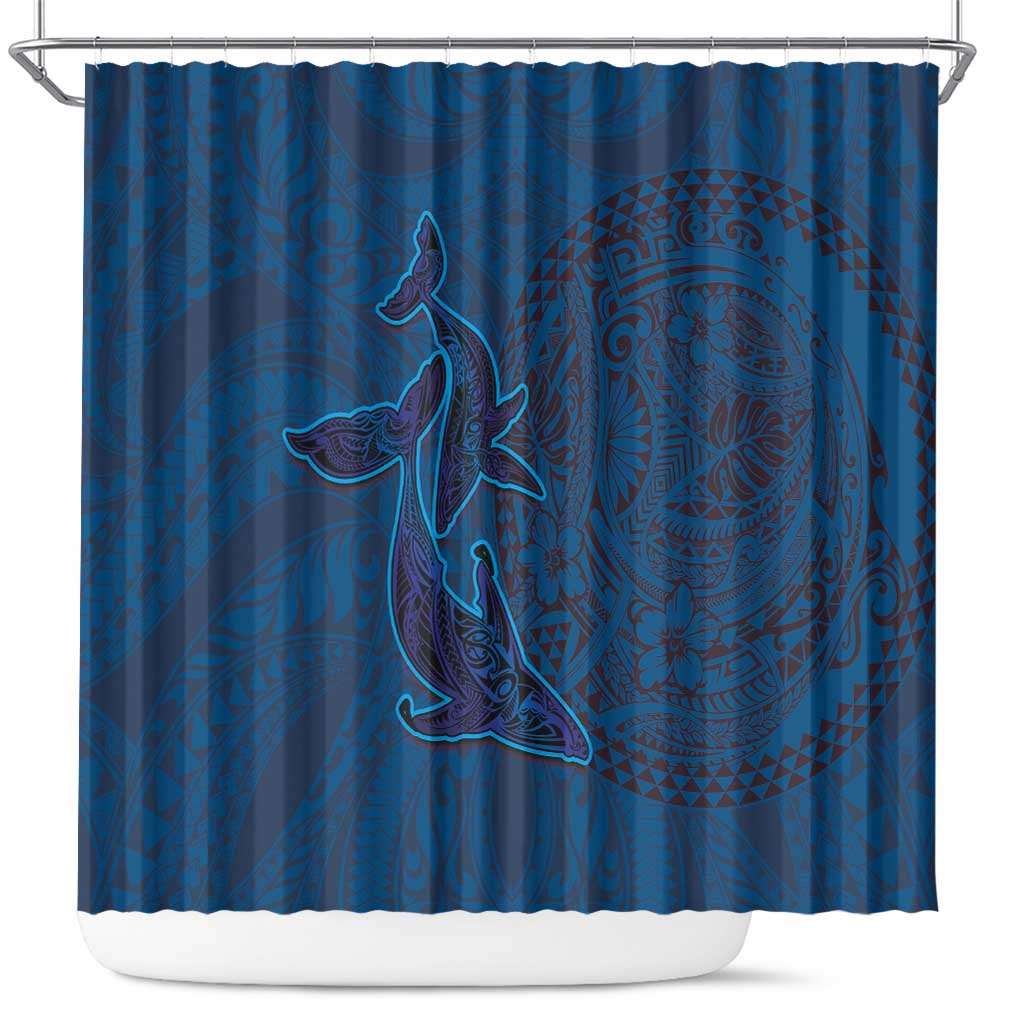 Hawaiian Whales Polynesian Art Motifs Shower Curtain Blue Color - Polynesian Pride