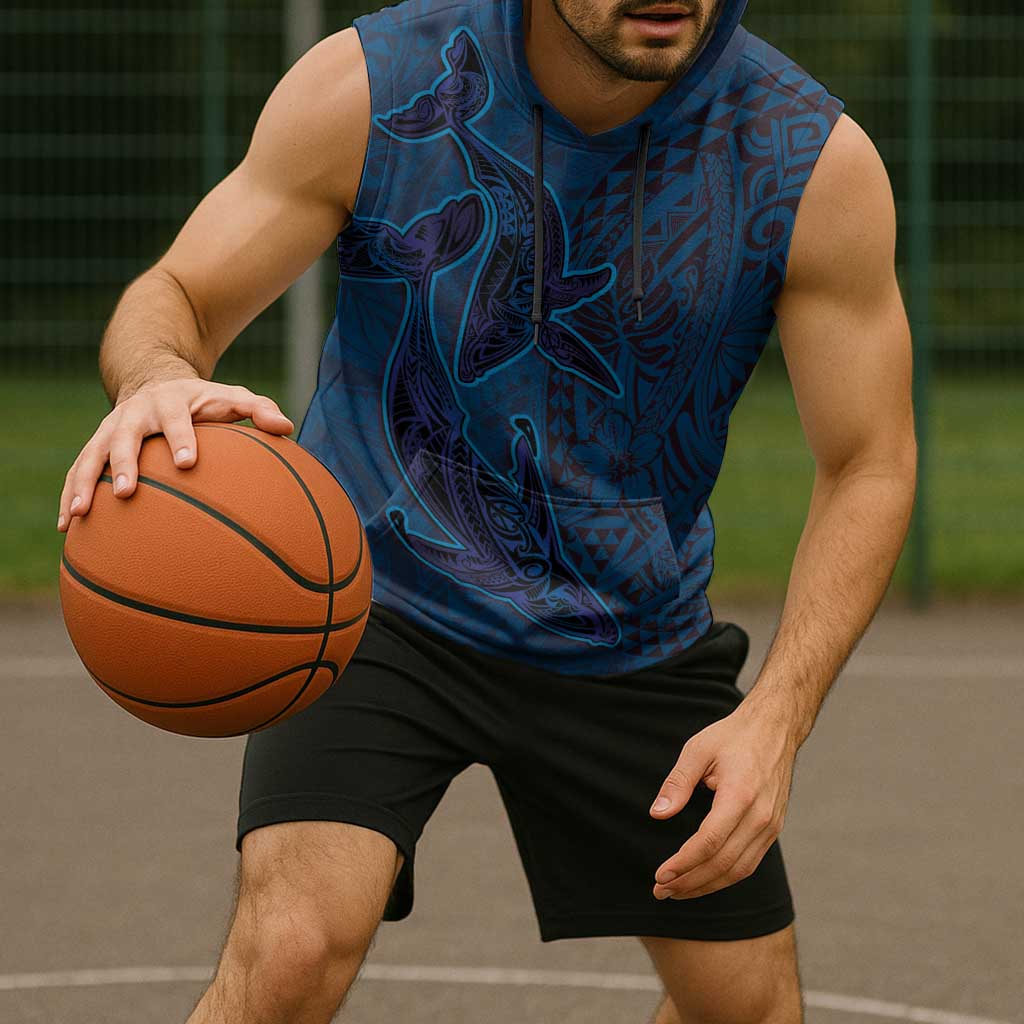 Hawaiian Whales Polynesian Art Motifs Sleeveless Hoodie Blue Color LT03 - Polynesian Pride