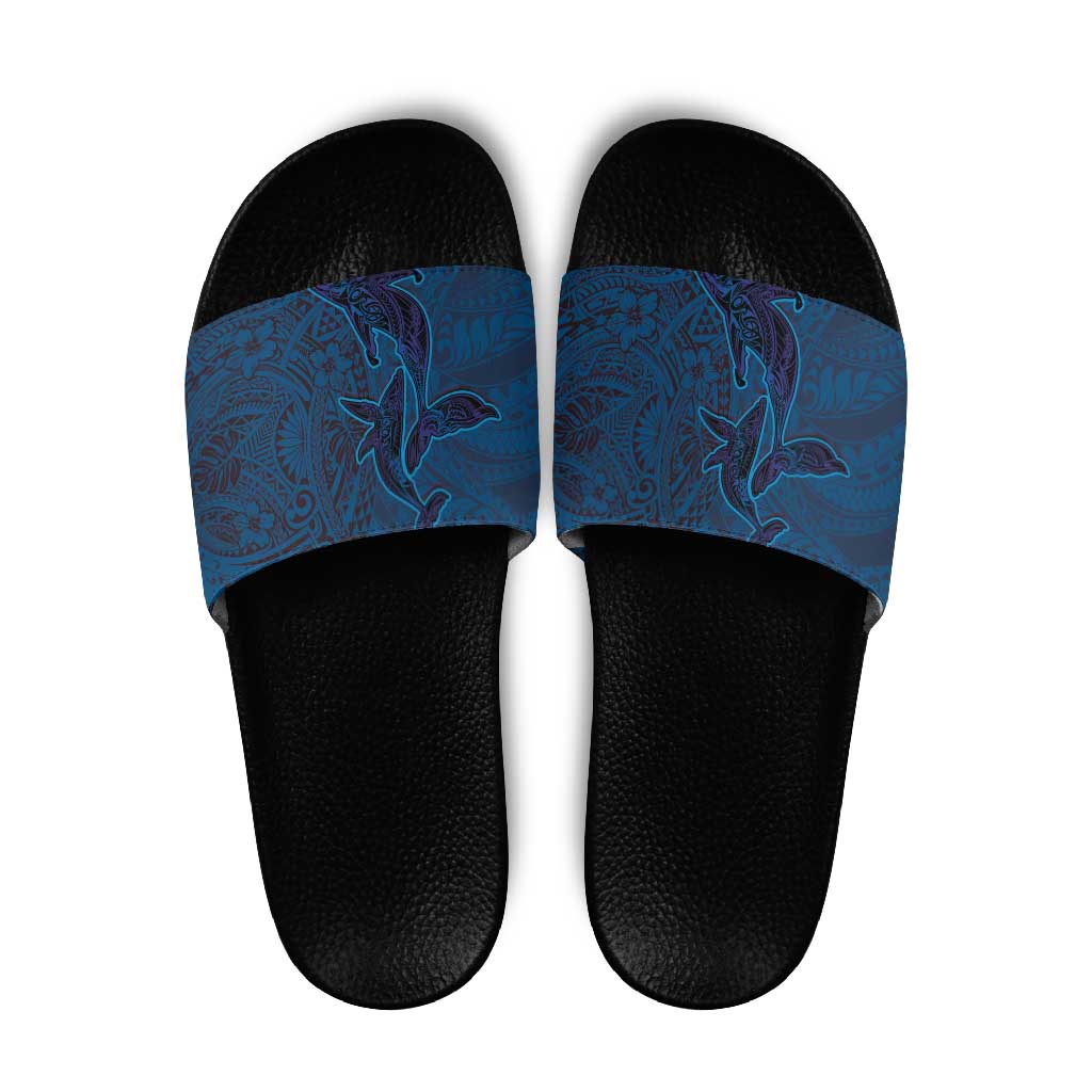 Hawaiian Whales Polynesian Art Motifs Slide Sandals Blue Color - Polynesian Pride