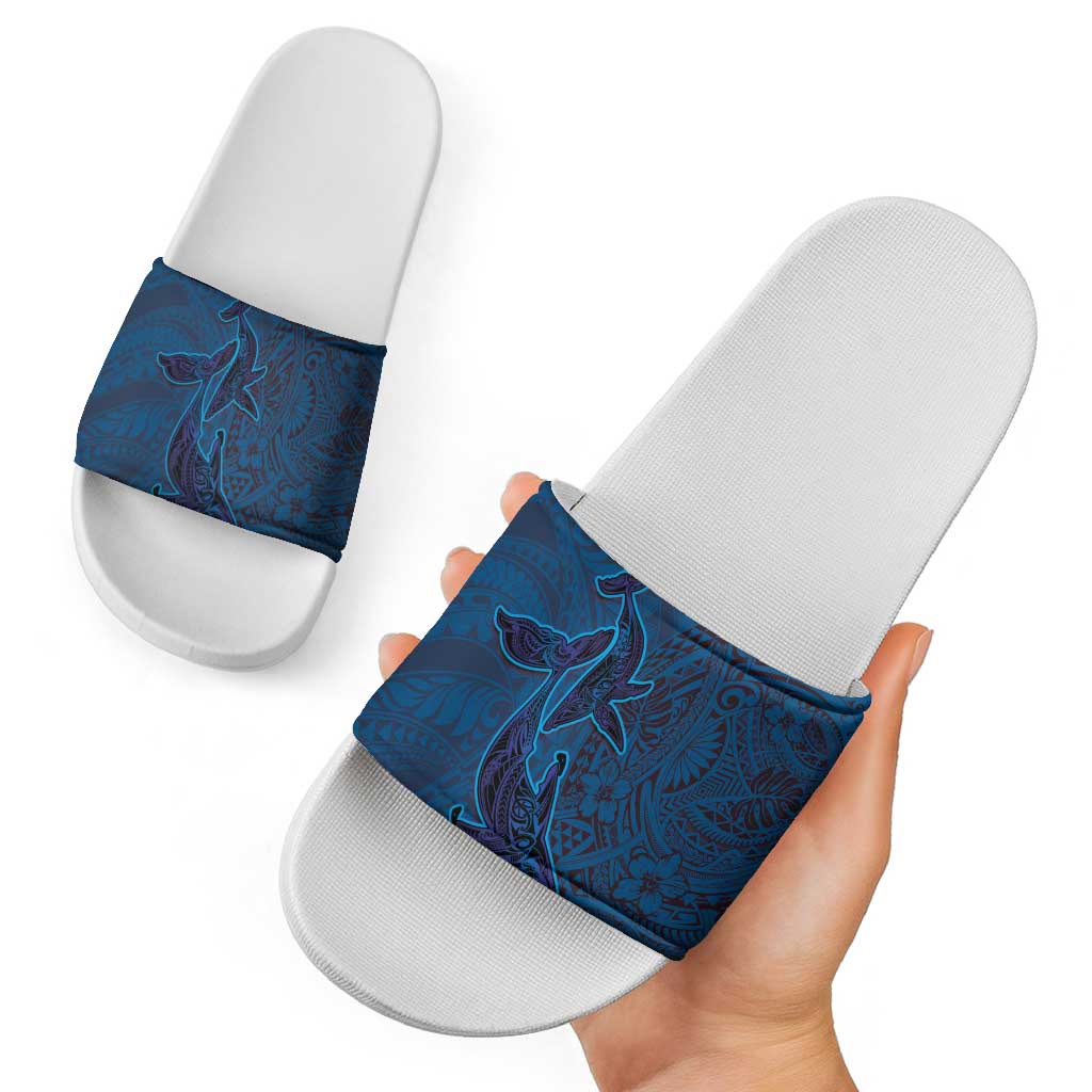 Hawaiian Whales Polynesian Art Motifs Slide Sandals Blue Color - Polynesian Pride