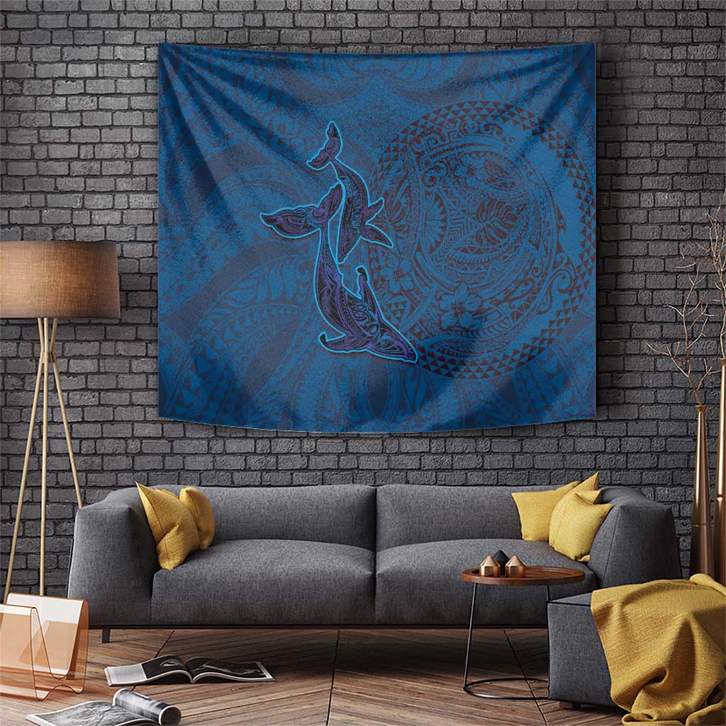 Hawaiian Whales Polynesian Art Motifs Tapestry Blue Color - Polynesian Pride