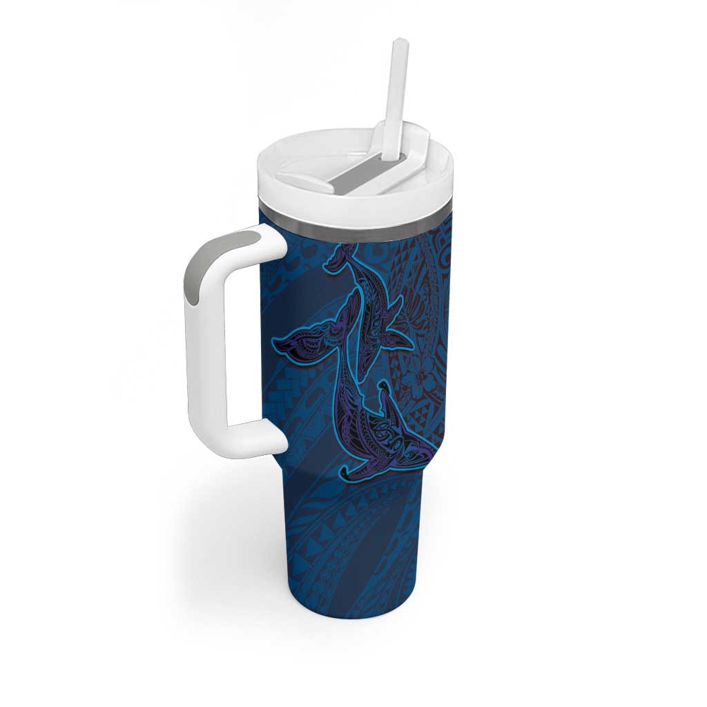 Hawaiian Whales Polynesian Art Motifs Tumbler With Handle Blue Color - Polynesian Pride