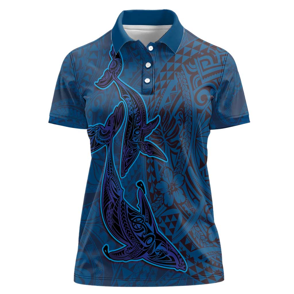 Hawaiian Whales Polynesian Art Motifs Women Polo Shirt Blue Color - Polynesian Pride