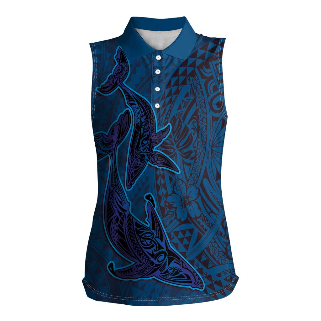 Hawaiian Whales Polynesian Art Motifs Women Sleeveless Polo Shirt Blue Color LT03 Female Blue - Polynesian Pride