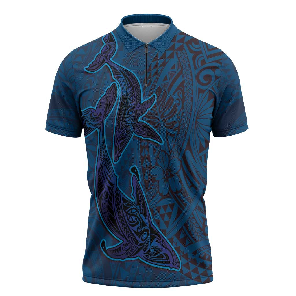 Hawaiian Whales Polynesian Art Motifs Zipper Polo Shirt Blue Color LT03 Blue - Polynesian Pride
