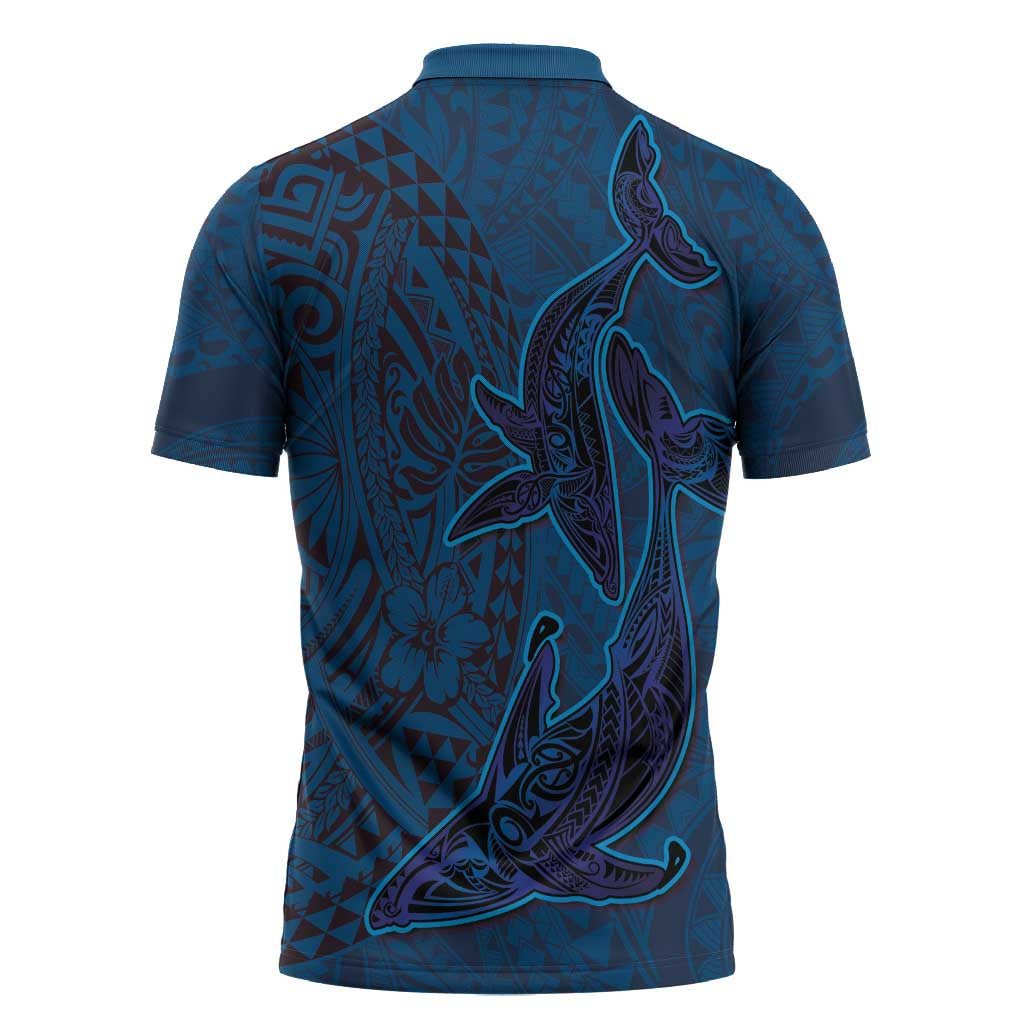Hawaiian Whales Polynesian Art Motifs Zipper Polo Shirt Blue Color LT03 - Polynesian Pride