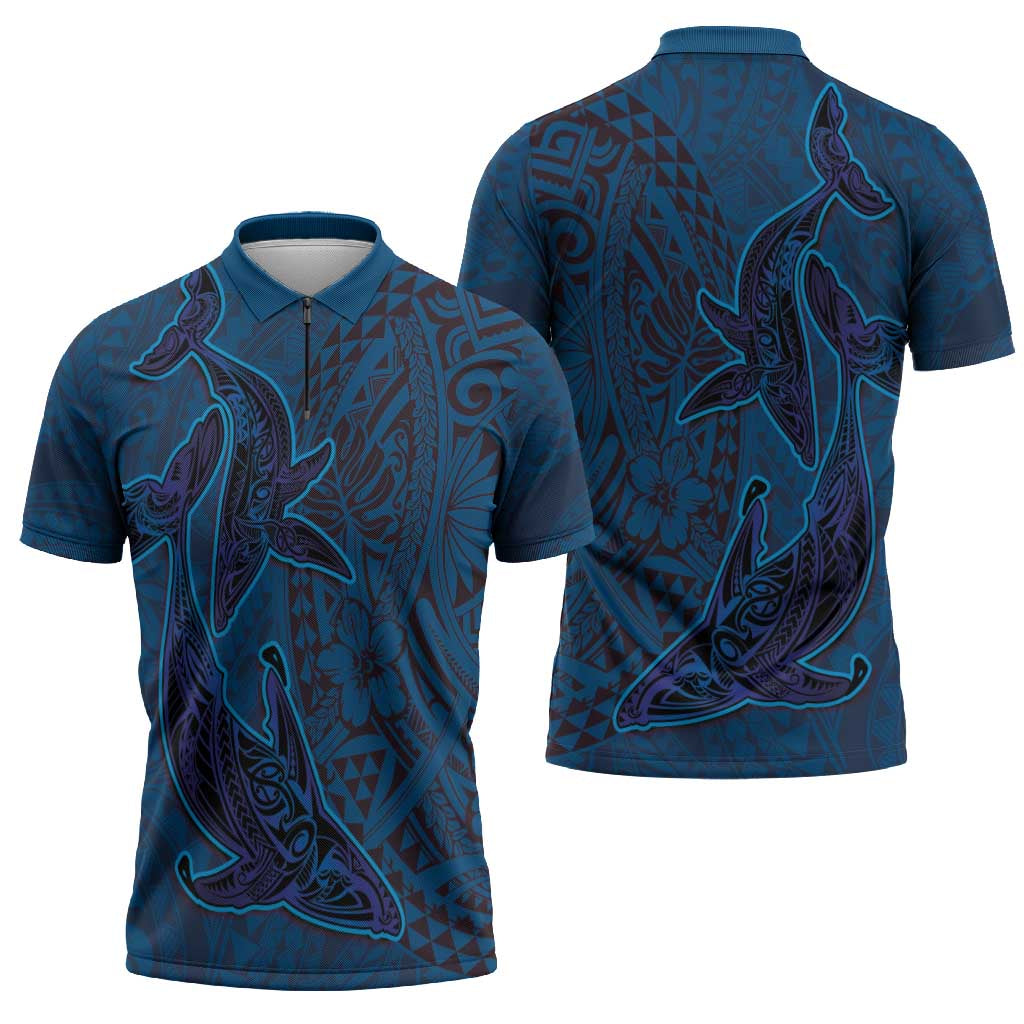 Hawaiian Whales Polynesian Art Motifs Zipper Polo Shirt Blue Color LT03 - Polynesian Pride