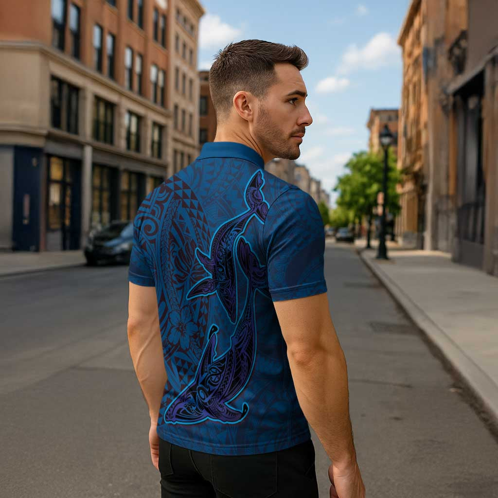 Hawaiian Whales Polynesian Art Motifs Zipper Polo Shirt Blue Color LT03 - Polynesian Pride