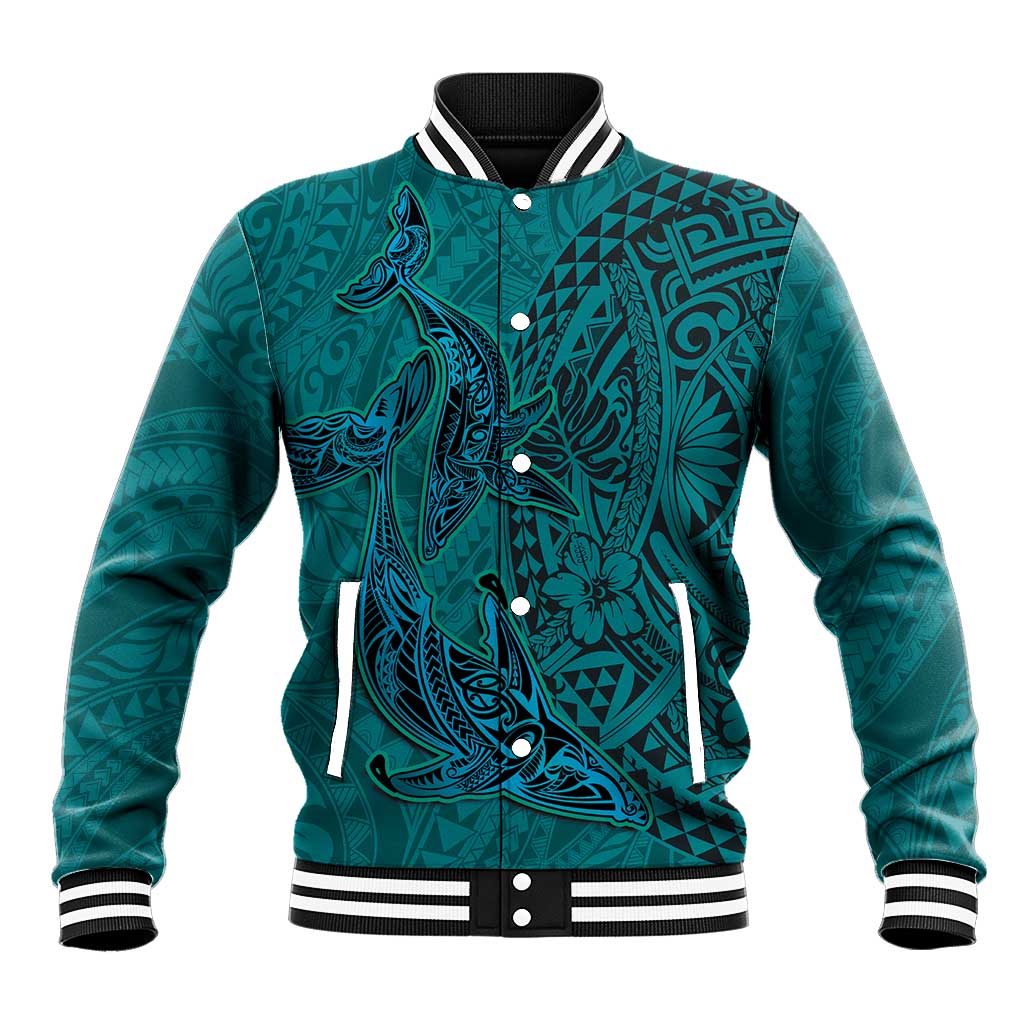 Hawaiian Whales Polynesian Art Motifs Baseball Jacket Turquoise Color LT03 Unisex Turquoise - Polynesian Pride