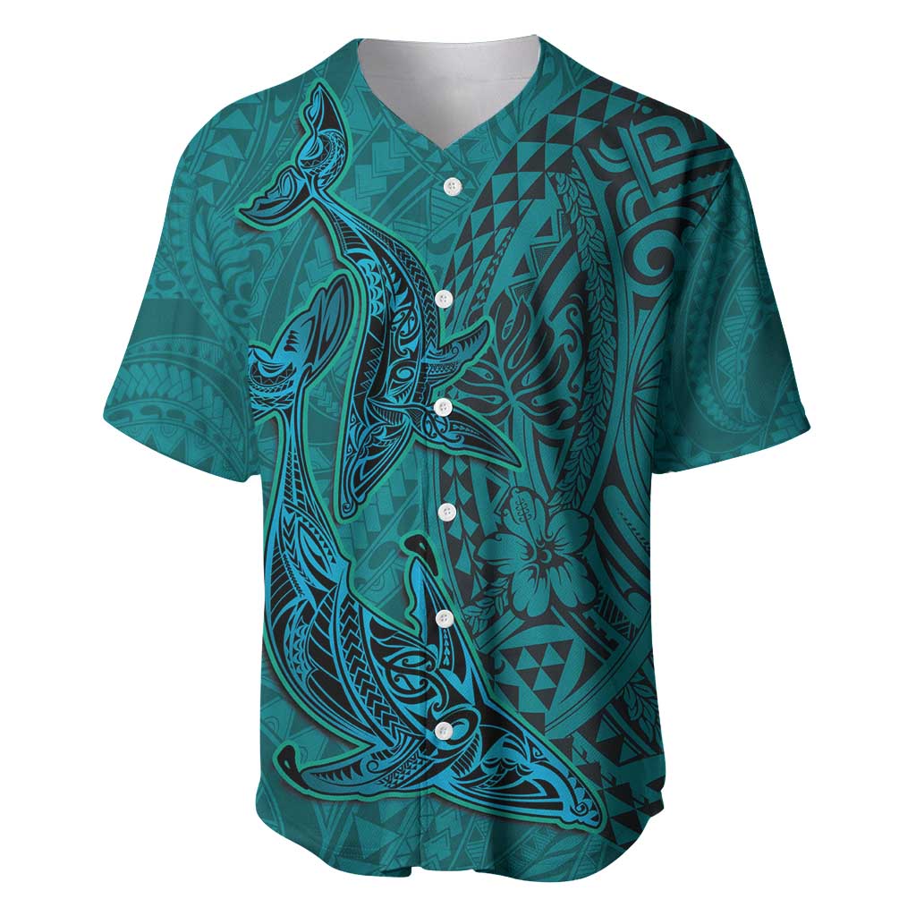 Hawaiian Whales Polynesian Art Motifs Baseball Jersey Turquoise Color - Polynesian Pride