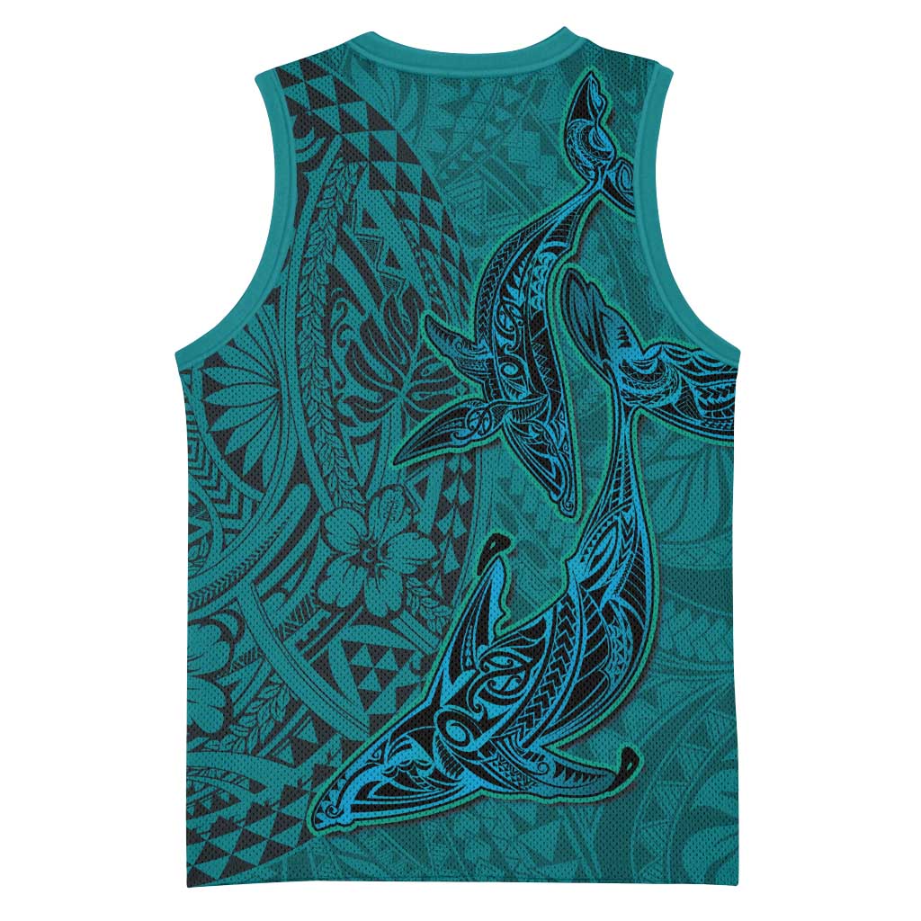 Hawaiian Whales Polynesian Art Motifs Basketball Jersey Turquoise Color LT03 - Polynesian Pride