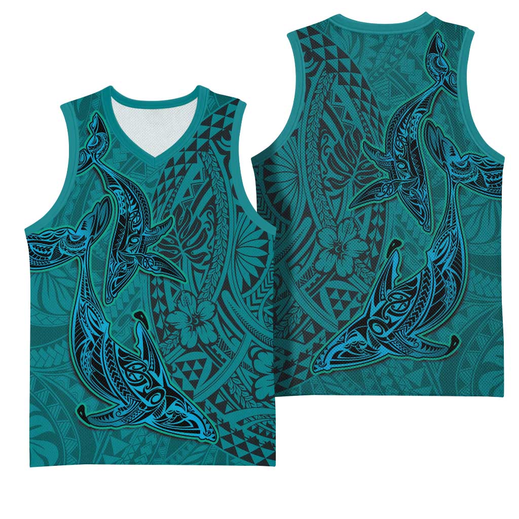 Hawaiian Whales Polynesian Art Motifs Basketball Jersey Turquoise Color LT03 - Polynesian Pride