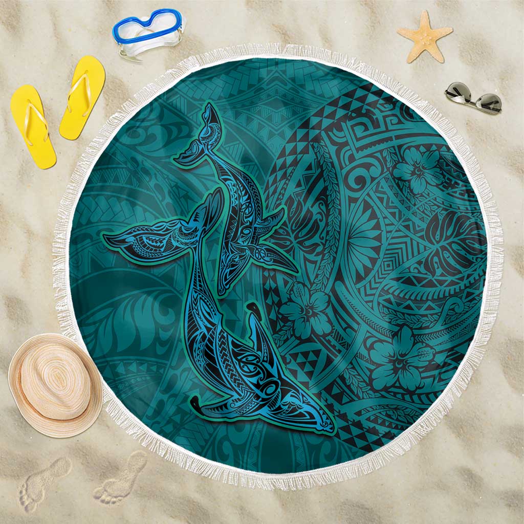 Hawaiian Whales Polynesian Art Motifs Beach Blanket Turquoise Color LT03 One Size 150cm Turquoise - Polynesian Pride