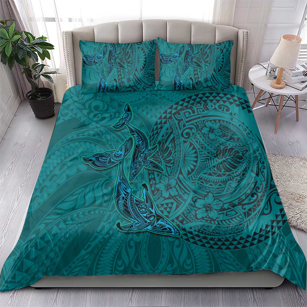 Hawaiian Whales Polynesian Art Motifs Bedding Set Turquoise Color - Polynesian Pride