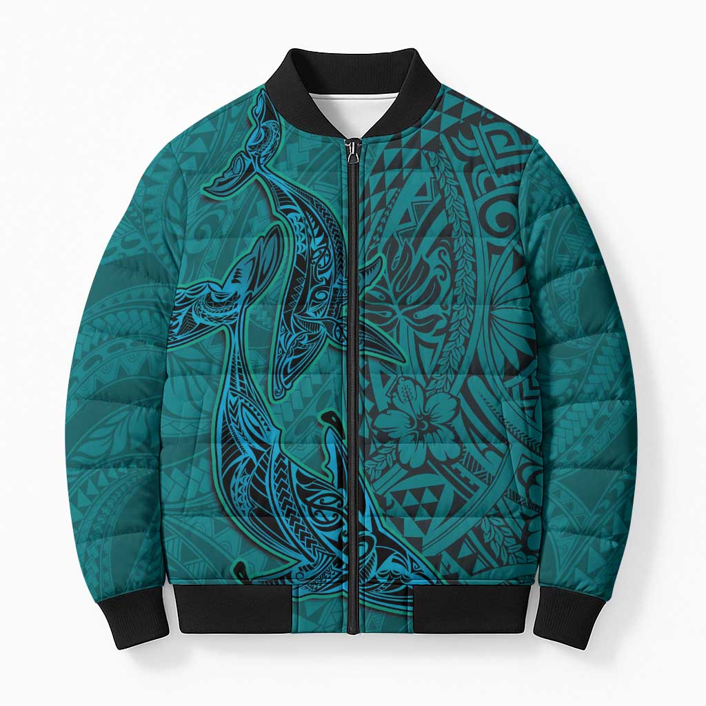 Hawaiian Whales Polynesian Art Motifs Bomber Puffer Jacket Turquoise Color LT03 Unisex Turquoise - Polynesian Pride