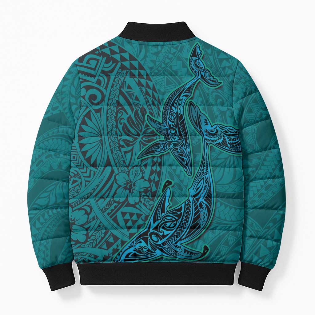 Hawaiian Whales Polynesian Art Motifs Bomber Puffer Jacket Turquoise Color LT03 - Polynesian Pride