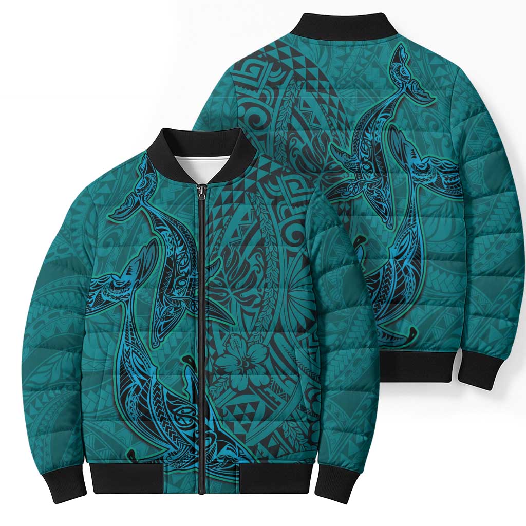 Hawaiian Whales Polynesian Art Motifs Bomber Puffer Jacket Turquoise Color LT03 - Polynesian Pride