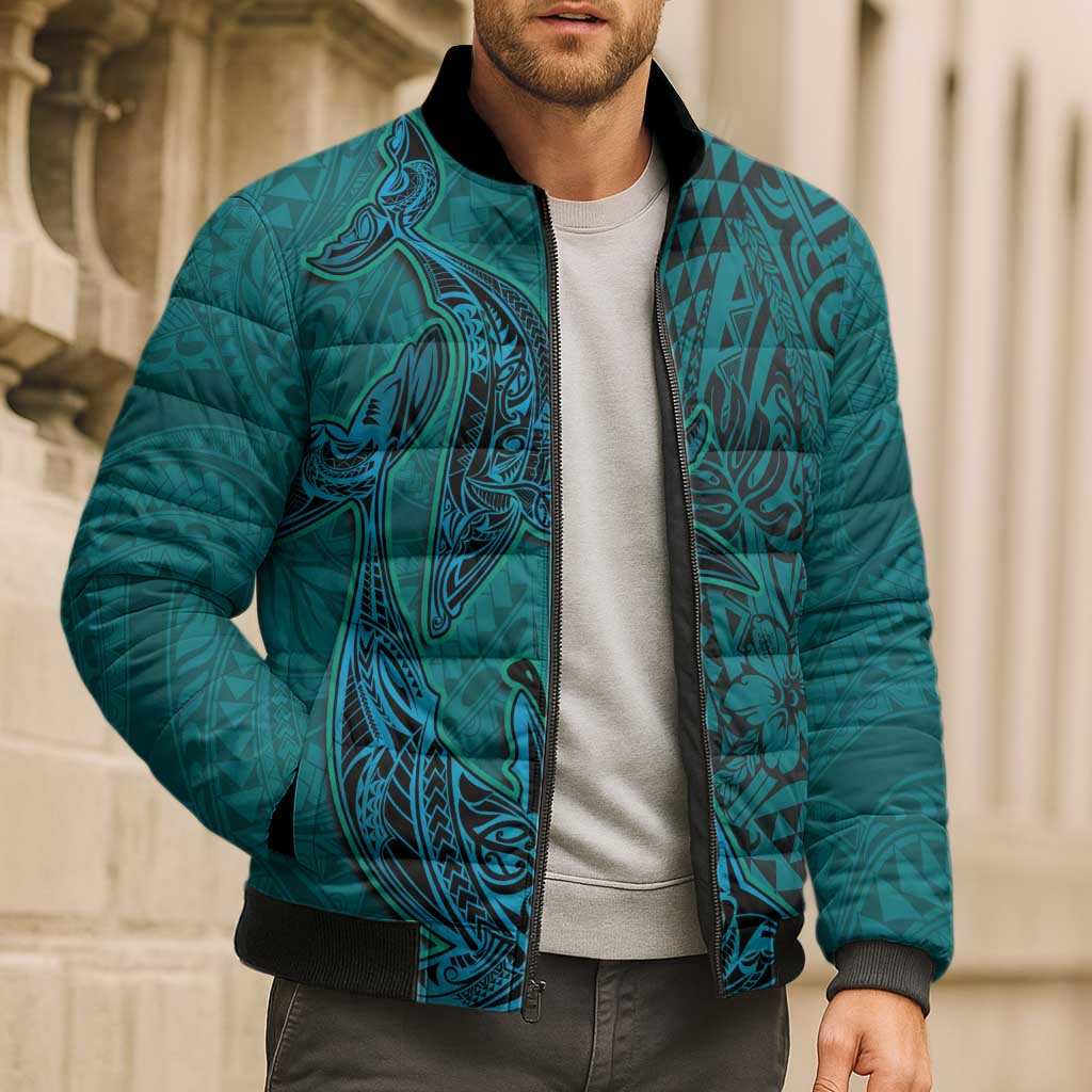 Hawaiian Whales Polynesian Art Motifs Bomber Puffer Jacket Turquoise Color LT03 - Polynesian Pride