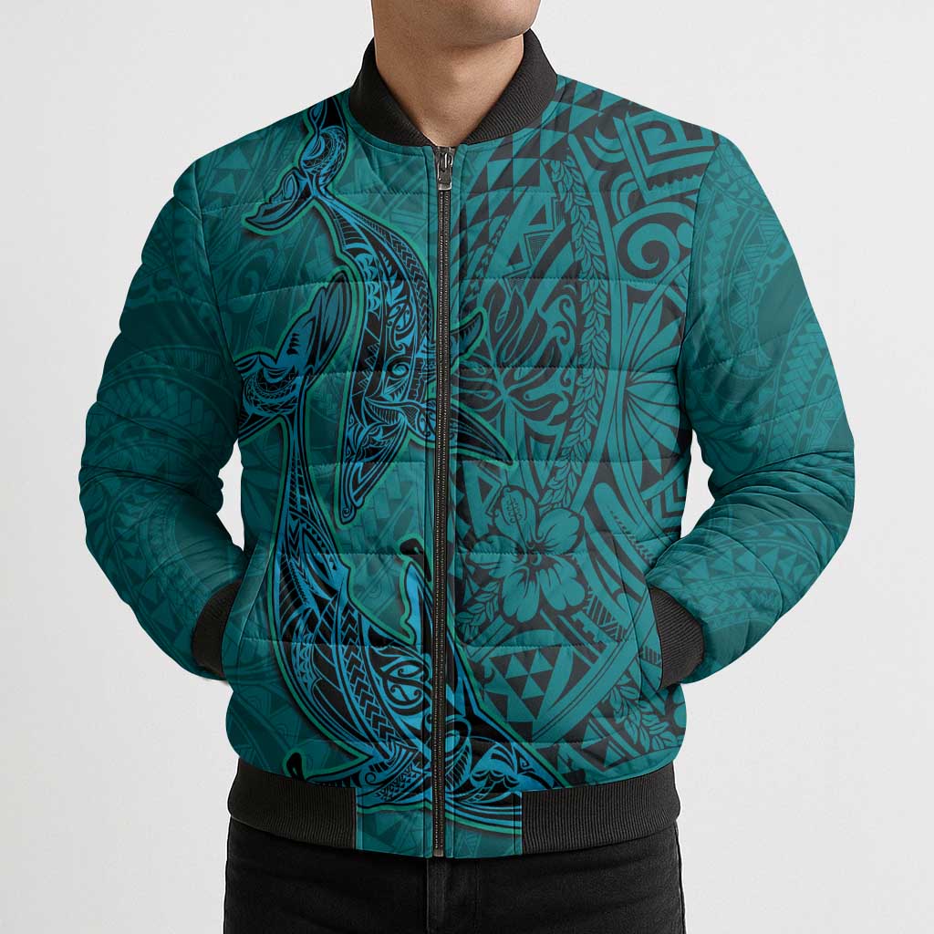 Hawaiian Whales Polynesian Art Motifs Bomber Puffer Jacket Turquoise Color LT03 - Polynesian Pride